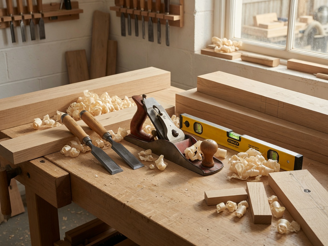Woodworking tools and timber on a joinery workbench