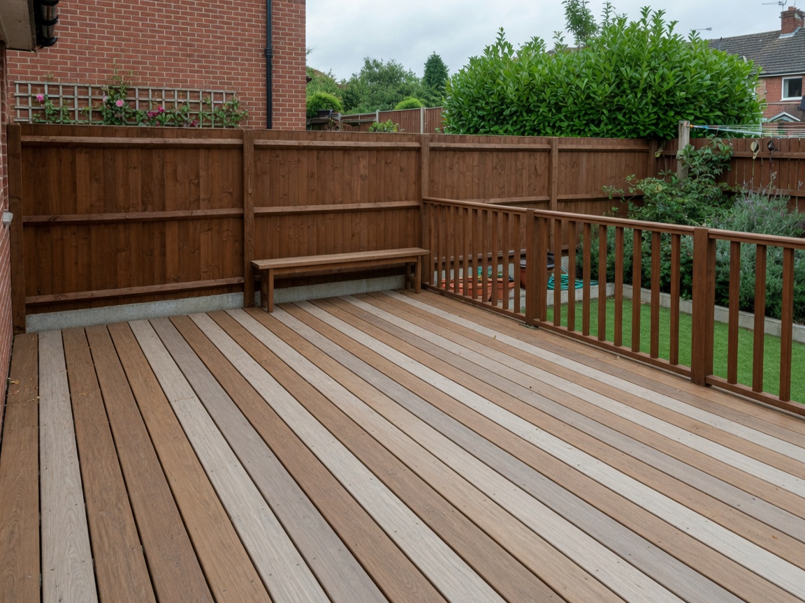 Wooden garden decking with fence and railing